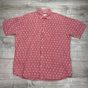 Peter Millar Shirt Mens Large Red Linen Short Sleeve Button Up Geometric Print